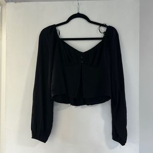 Babydoll Top, Black Loose Sleeve Button Crop Top